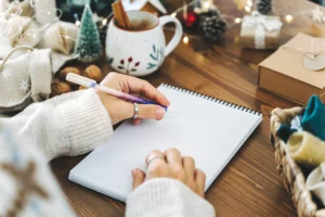 Persona escribiendo proyectos personales realistas en una libreta para el 2026.