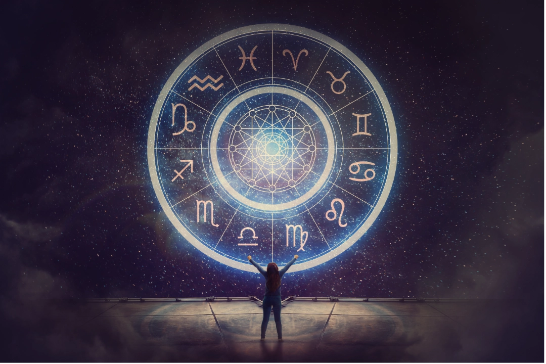 Imagen conceptual de astrología y psicología con símbolos zodiacales.